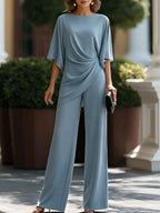 Anamartinezmadrid Genoveva | Conjunto de Blusa con Manga Capa y Pantalón Ancho – Azul – photo 3