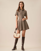 Anamartinezmadrid Minivestido Marrón de Cuadros con Solapa y Falda Plisada – photo 3
