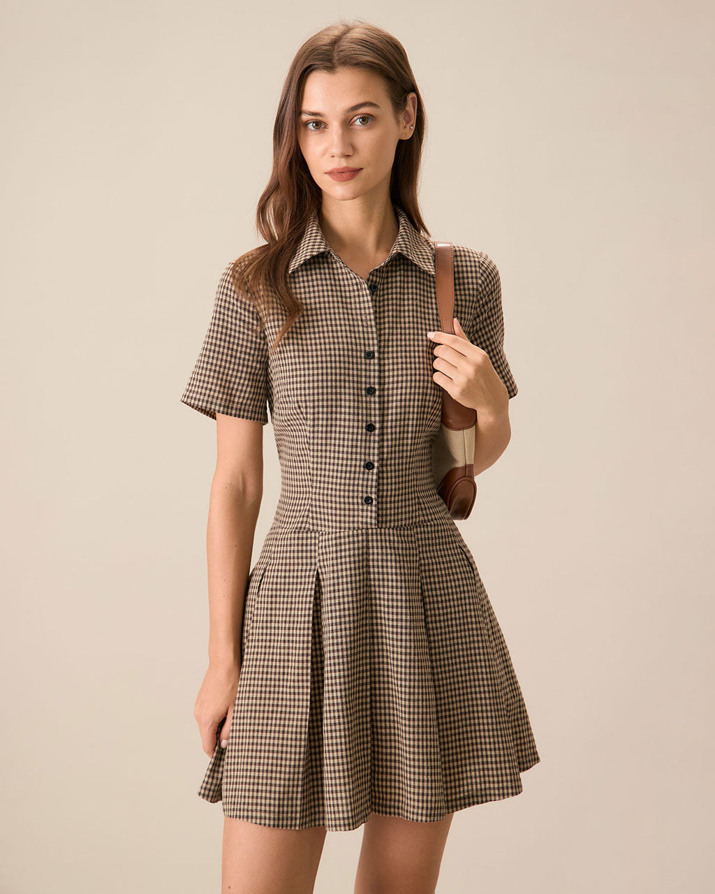 Anamartinezmadrid Minivestido Marrón de Cuadros con Solapa y Falda Plisada – Marrón