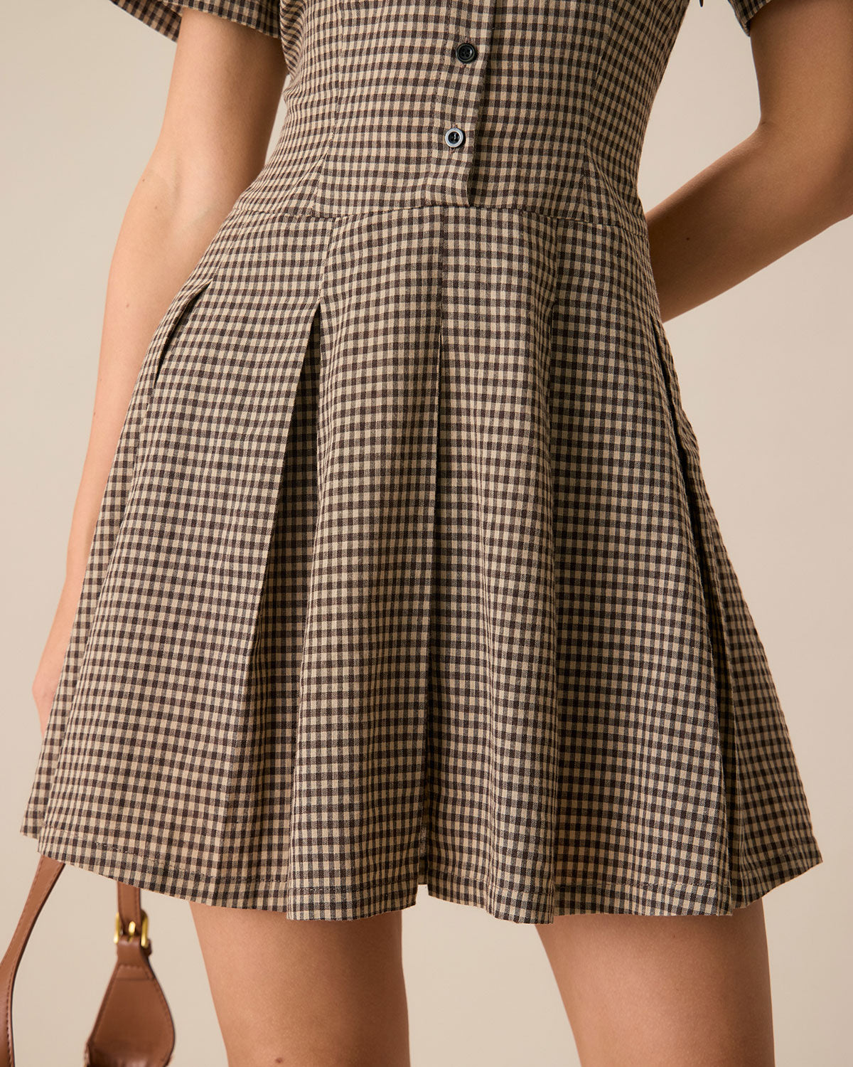 Anamartinezmadrid Minivestido Marrón de Cuadros con Solapa y Falda Plisada – photo 2