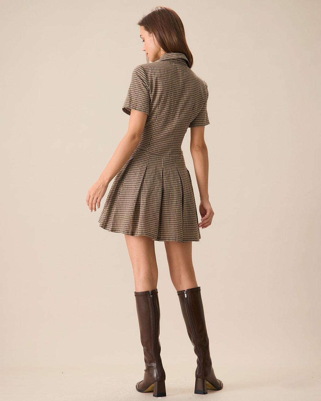 Anamartinezmadrid Minivestido Marrón de Cuadros con Solapa y Falda Plisada – photo 4