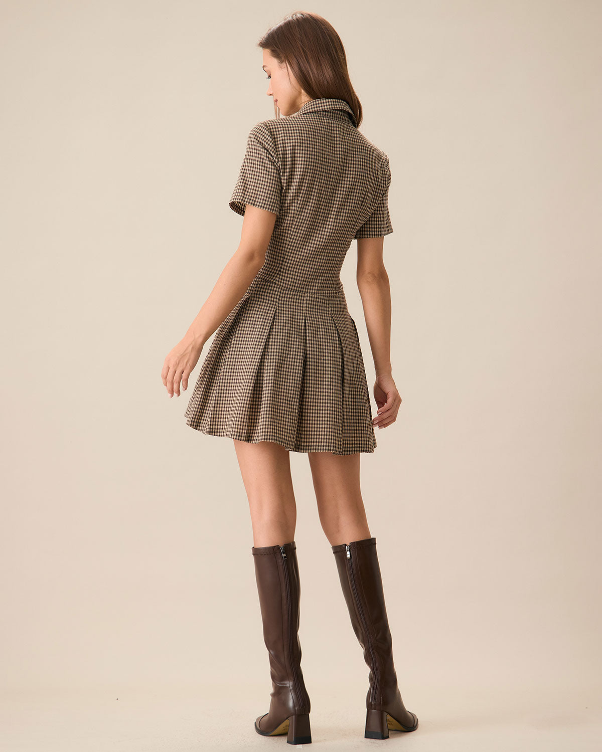 Anamartinezmadrid Minivestido Marrón de Cuadros con Solapa y Falda Plisada – photo 4