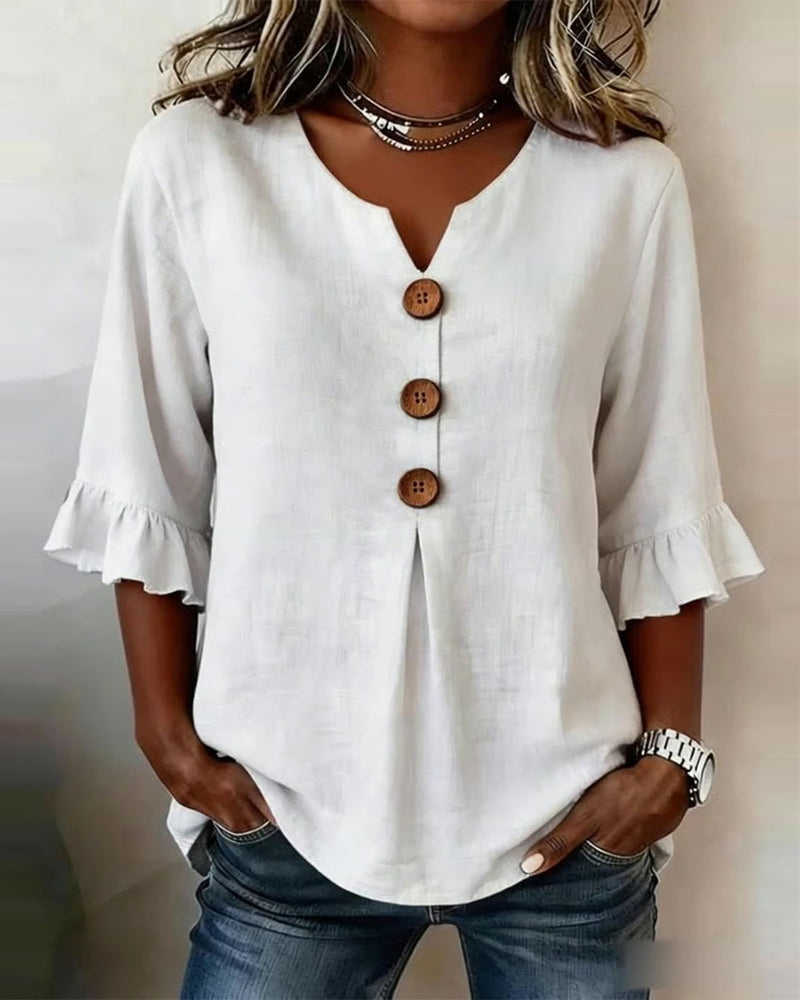 Marina Roca Blusa Inés de algodón-lino lisa con botones de madera y volantes – Blanco – photo 2