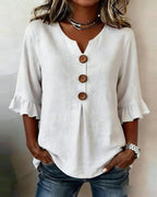 Marina Roca Blusa Inés de algodón-lino lisa con botones de madera y volantes – Blanco – photo 2