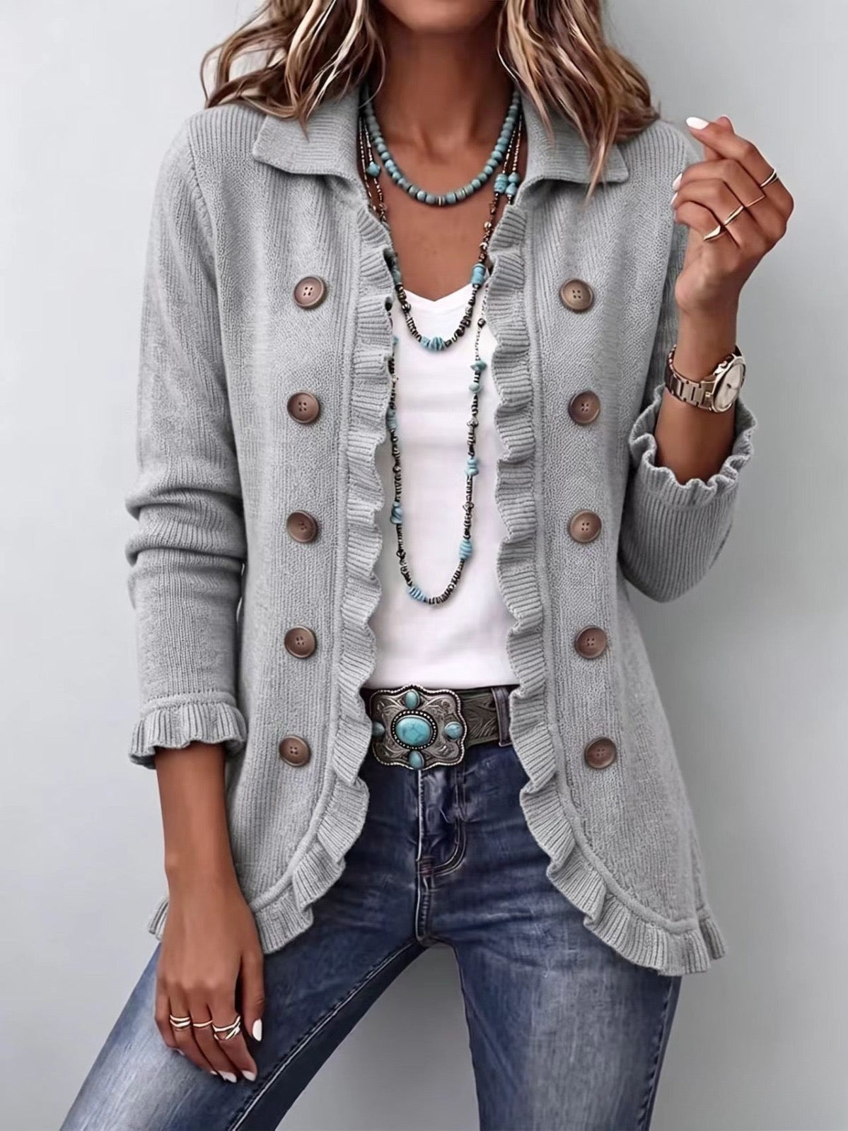 Casa Provincial Eloísa - Chaqueta de Punto Gris Jaspeado con Volantes – Gris