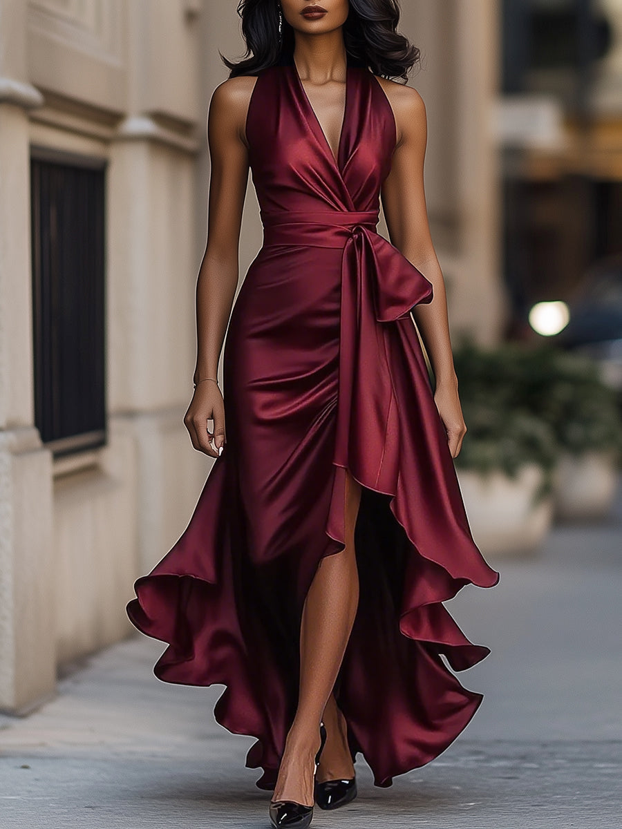 Anamartinezmadrid Gloria | Vestido Largo de Satén con Escote Halter y Volantes – Burdeos – photo 5