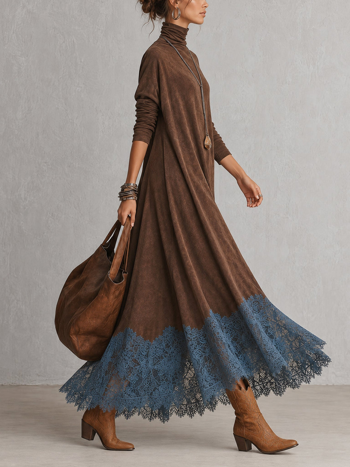 Angela Milano Piera - Vestido Largo con Efecto Ante y Bajo de Encaje – photo 2