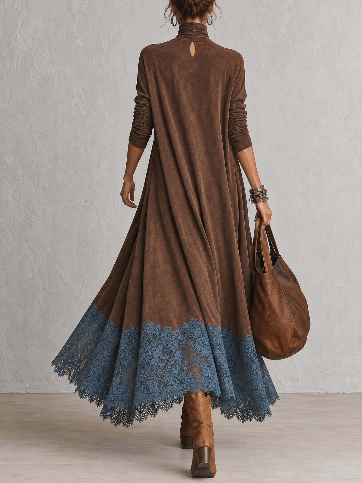 Angela Milano Piera - Vestido Largo con Efecto Ante y Bajo de Encaje – photo 3