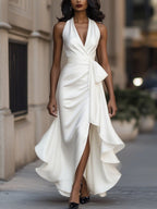 Anamartinezmadrid Gloria | Vestido Largo de Satén con Escote Halter y Volantes – Blanco – photo 7