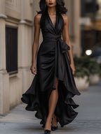 Anamartinezmadrid Gloria | Vestido Largo de Satén con Escote Halter y Volantes – Negro – photo 11