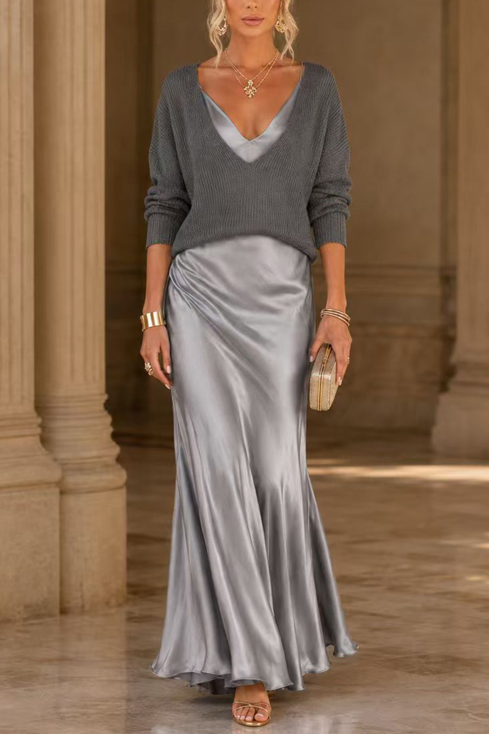 Anamartinezmadrid Jovita | Conjunto de Jersey con Escote en Pico y Vestido Largo de Satén – Gris – photo 7