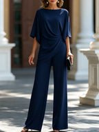 Anamartinezmadrid Genoveva | Conjunto de Blusa con Manga Capa y Pantalón Ancho – Azul Marino