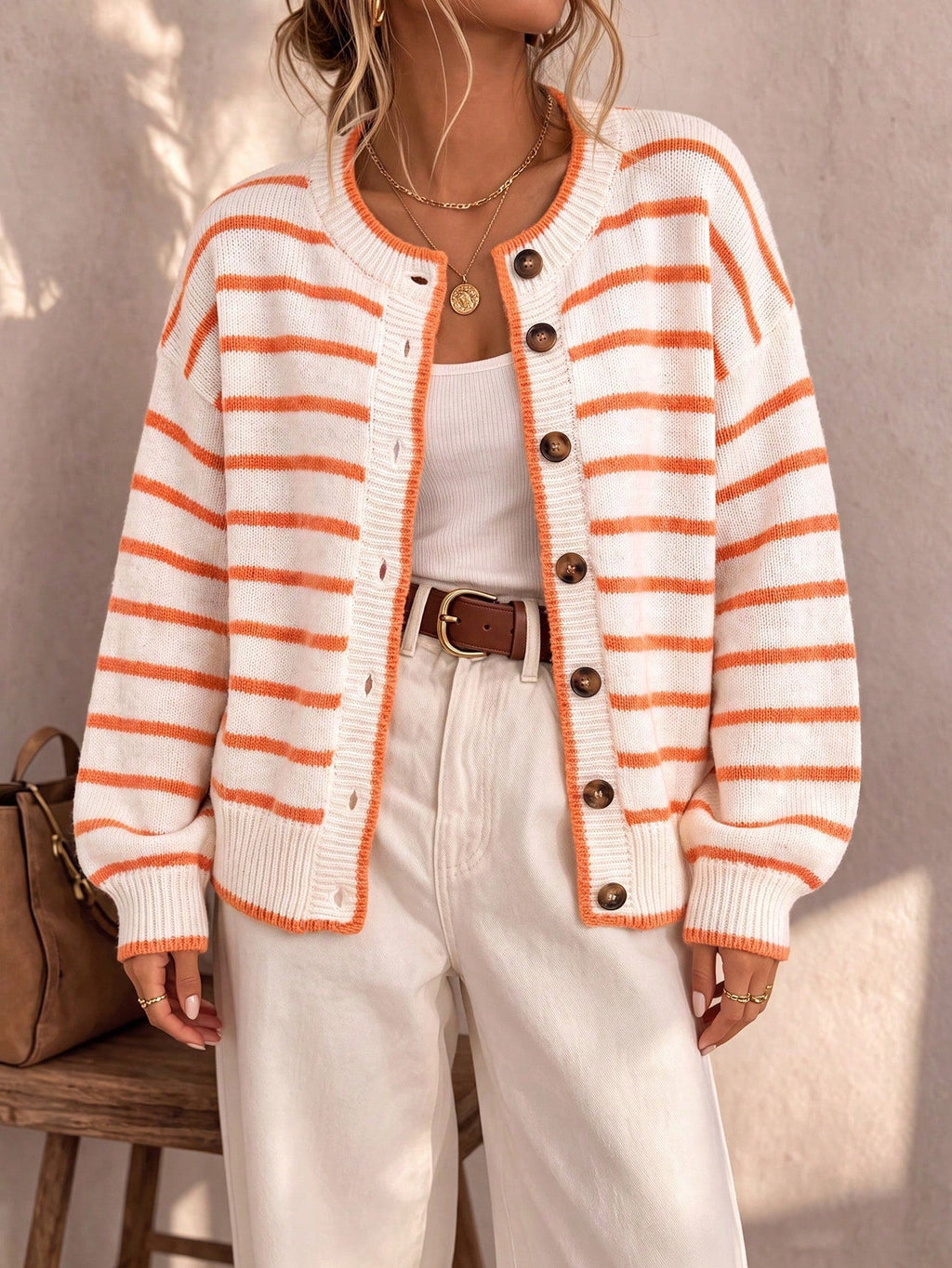 Anamartinezmadrid Amaranta | Cárdigan de Punto a Rayas con Ribetes en Contraste – Blanco y Naranja – photo 4