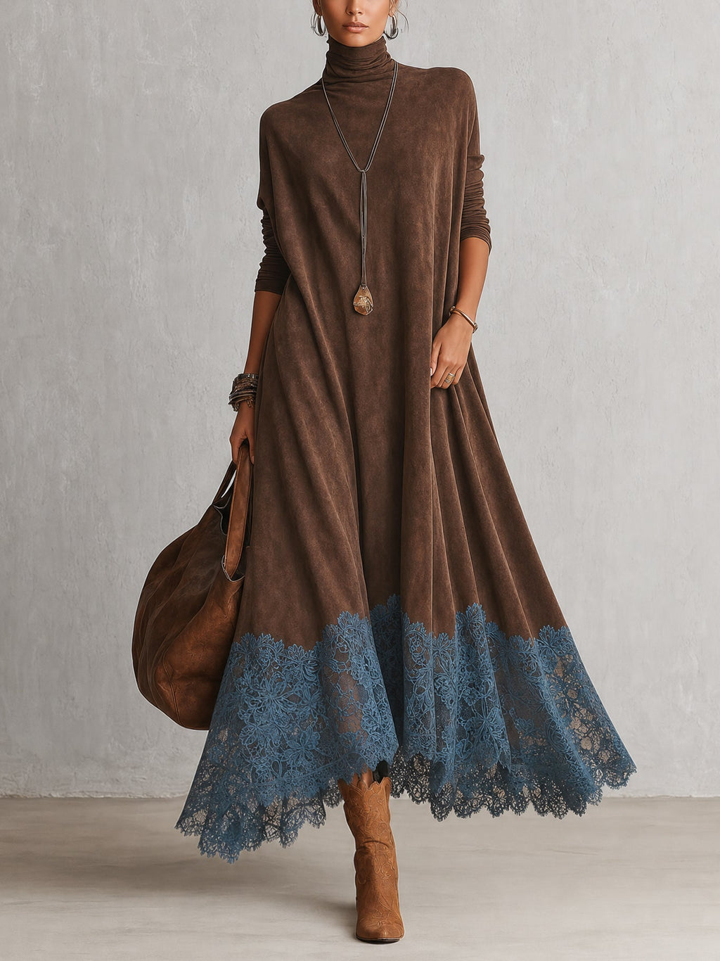 Angela Milano Piera - Vestido Largo con Efecto Ante y Bajo de Encaje – Marrón