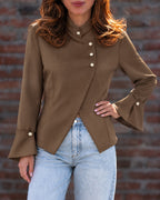 Chicme Women's Mandarin Collar Asymmetrical Pearl Button Split Hem Long Sleeve Coat – photo 3