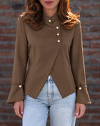 Chicme Women's Mandarin Collar Asymmetrical Pearl Button Split Hem Long Sleeve Coat – photo 5