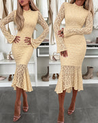 Chicme Women's Elegant Lace Mock Neck Bodycon Dress Slim Fit Flare Long Sleeve Mermaid Dress Evening Gown – photo 4