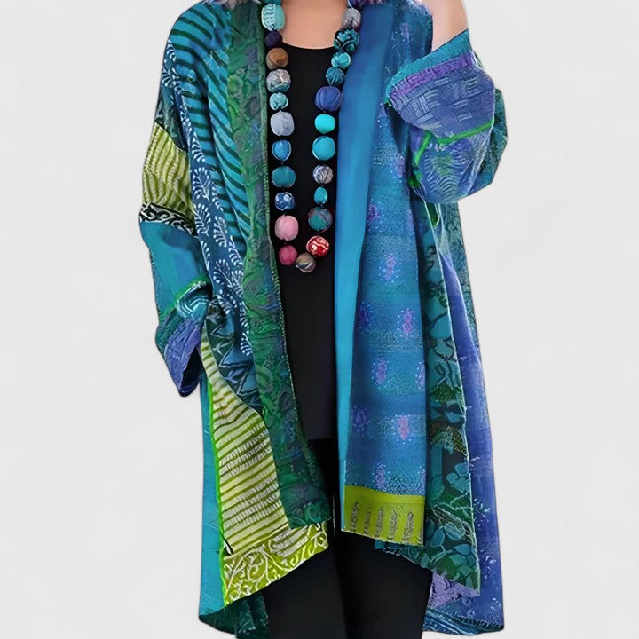 Anamartinezmadrid Lina | Cárdigan Largo Abierto de Patchwork con Estampados Mixtos – Azul