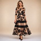 Anamartinezmadrid Amelia | Vestido Midi de Encaje Floral con Escote Barco – Negro y Nude