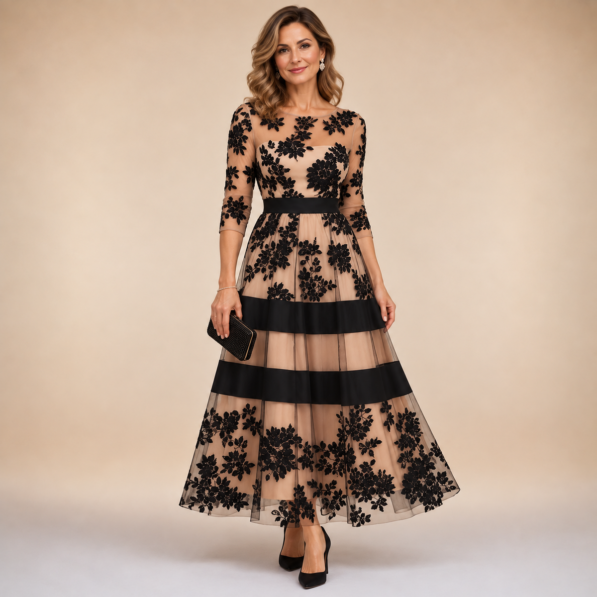 Anamartinezmadrid Amelia | Vestido Midi de Encaje Floral con Escote Barco – Negro y Nude