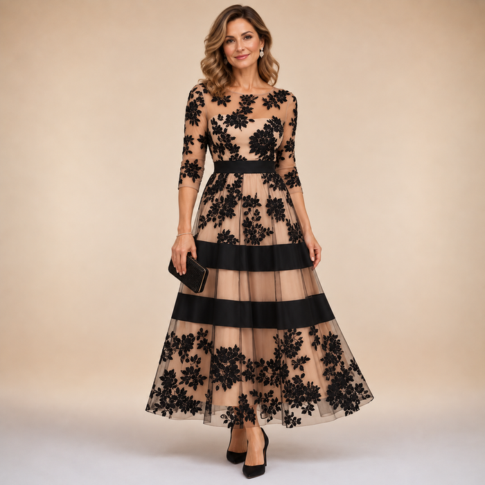 Amelia | Vestido Midi de Encaje Floral con Escote Barco
