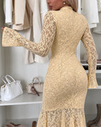 Chicme Women's Elegant Lace Mock Neck Bodycon Dress Slim Fit Flare Long Sleeve Mermaid Dress Evening Gown – photo 2