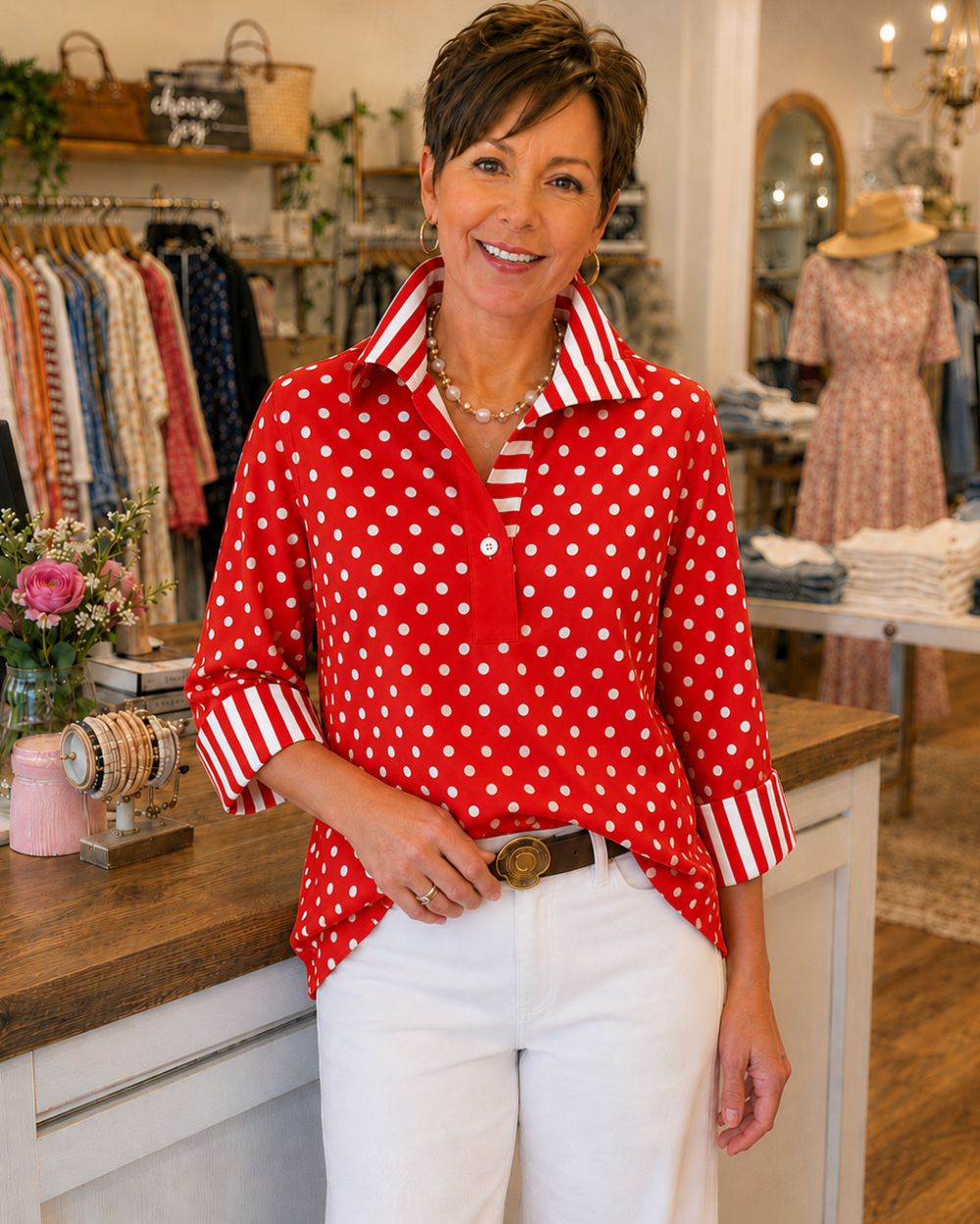 Anamartinezmadrid Pepa | Blusa de Lunares con Cuello y Puños de Rayas – Rojo – photo 3