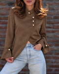 Chicme Women's Mandarin Collar Asymmetrical Pearl Button Split Hem Long Sleeve Coat – Brown