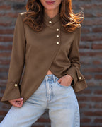 Chicme Women's Mandarin Collar Asymmetrical Pearl Button Split Hem Long Sleeve Coat – Brown