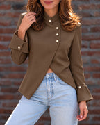 Chicme Women's Mandarin Collar Asymmetrical Pearl Button Split Hem Long Sleeve Coat – photo 4