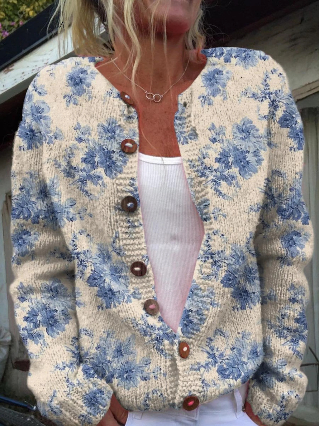 Anamartinezmadrid Natividad | Cárdigan Vintage Beige con Flores Azul Porcelana