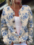 Anamartinezmadrid Natividad | Cárdigan Vintage Beige con Flores Azul Porcelana