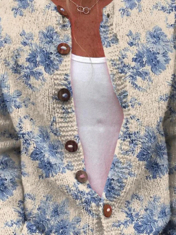 Anamartinezmadrid Natividad | Cárdigan Vintage Beige con Flores Azul Porcelana – photo 2