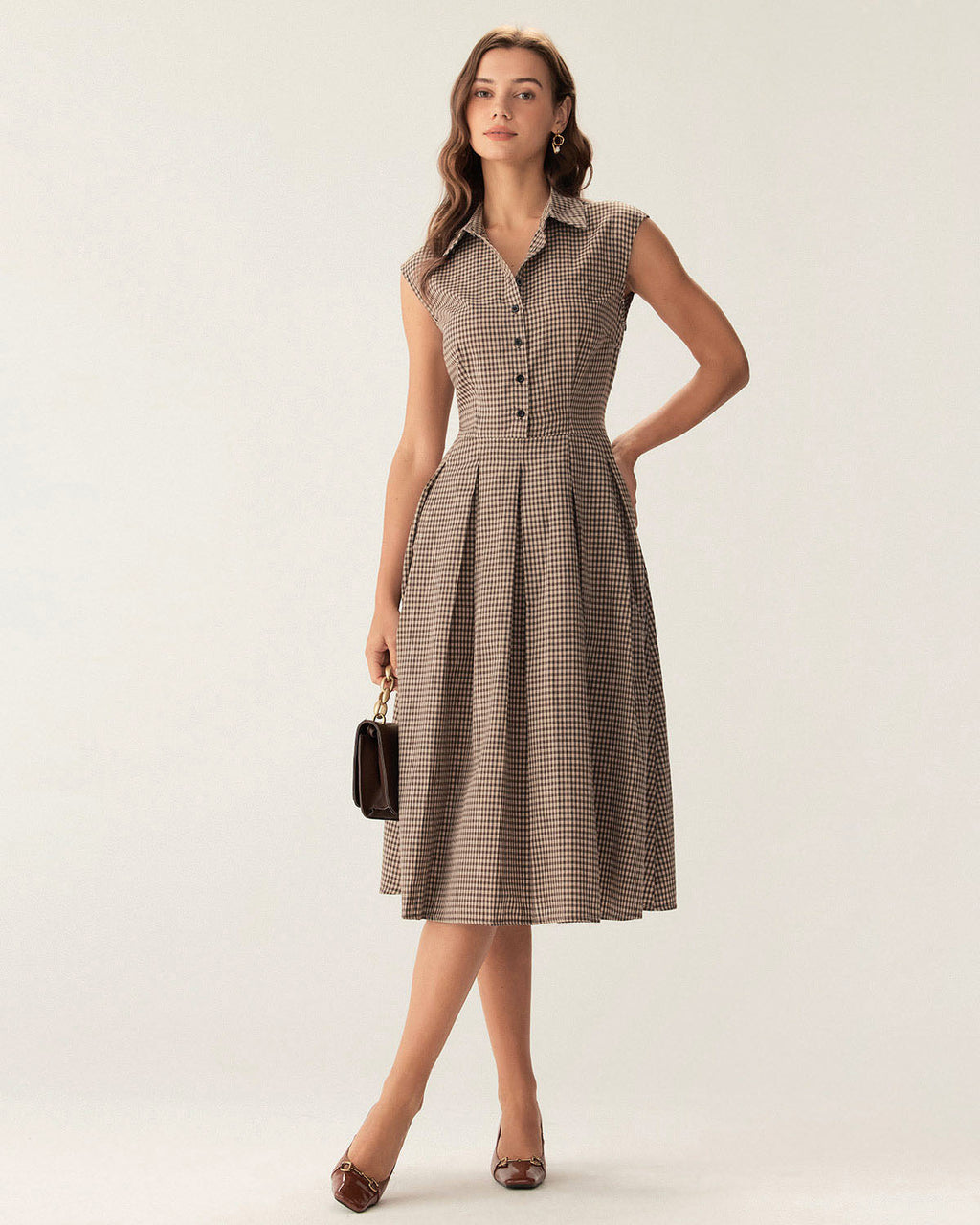Anamartinezmadrid Manuela | Vestido Midi de Cuadros Marrón Mujer Botones y Falda Plisada – photo 3