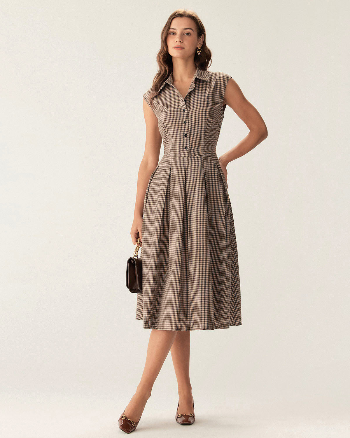 Anamartinezmadrid Manuela | Vestido Midi de Cuadros Marrón Mujer Botones y Falda Plisada – photo 3