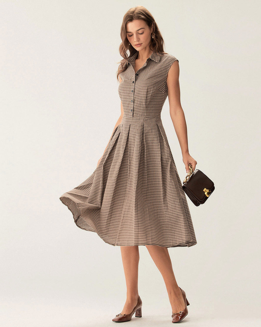 Anamartinezmadrid Manuela | Vestido Midi de Cuadros Marrón Mujer Botones y Falda Plisada – photo 4