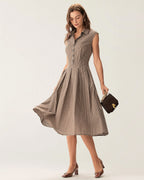 Anamartinezmadrid Manuela | Vestido Midi de Cuadros Marrón Mujer Botones y Falda Plisada – photo 4