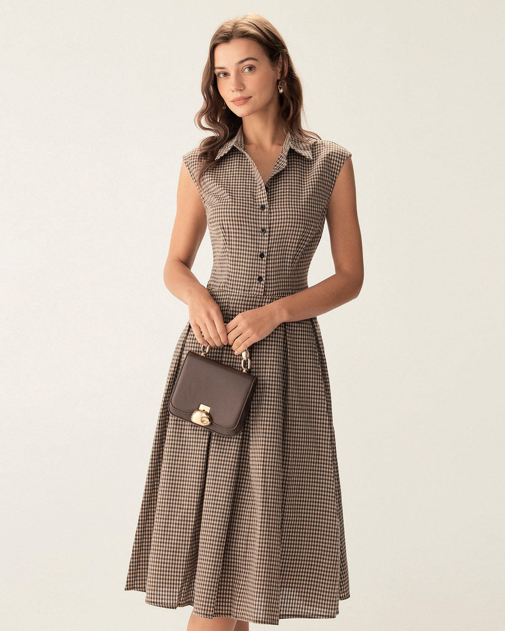 Anamartinezmadrid Manuela | Vestido Midi de Cuadros Marrón Mujer Botones y Falda Plisada – Marrón