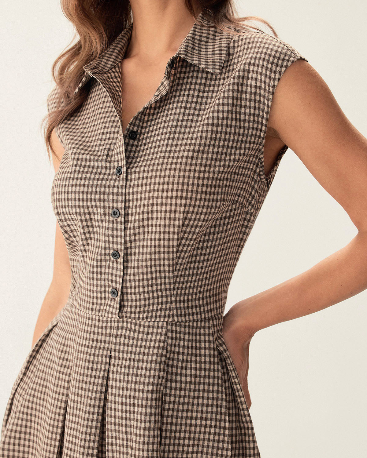 Anamartinezmadrid Manuela | Vestido Midi de Cuadros Marrón Mujer Botones y Falda Plisada – photo 2