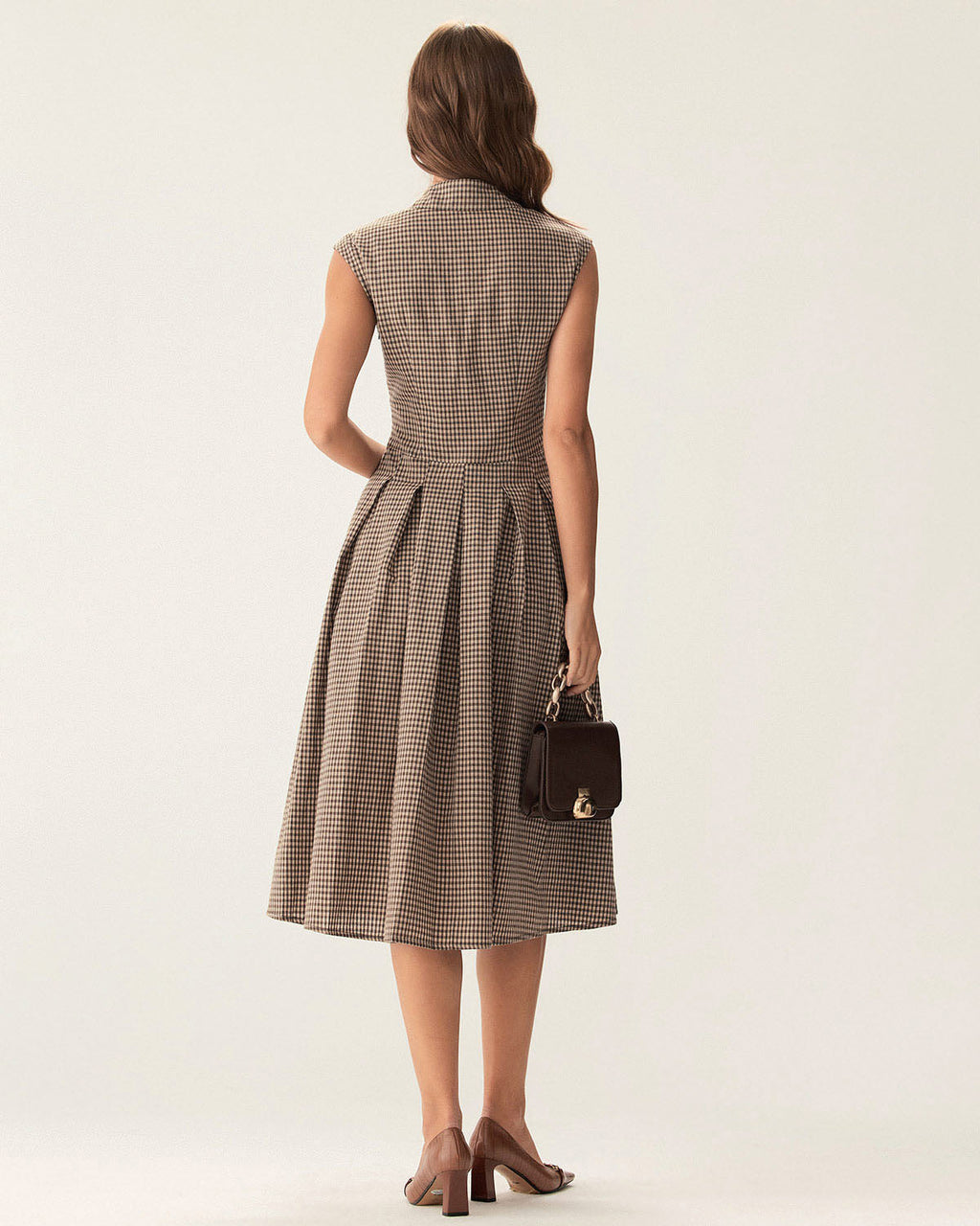 Anamartinezmadrid Manuela | Vestido Midi de Cuadros Marrón Mujer Botones y Falda Plisada – photo 5