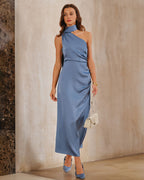 Anamartinezmadrid Julia | Vestido Largo de Satén Azul Mujer Un Solo Hombro Corte A – photo 6