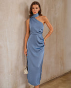 Anamartinezmadrid Julia | Vestido Largo de Satén Azul Mujer Un Solo Hombro Corte A – photo 4