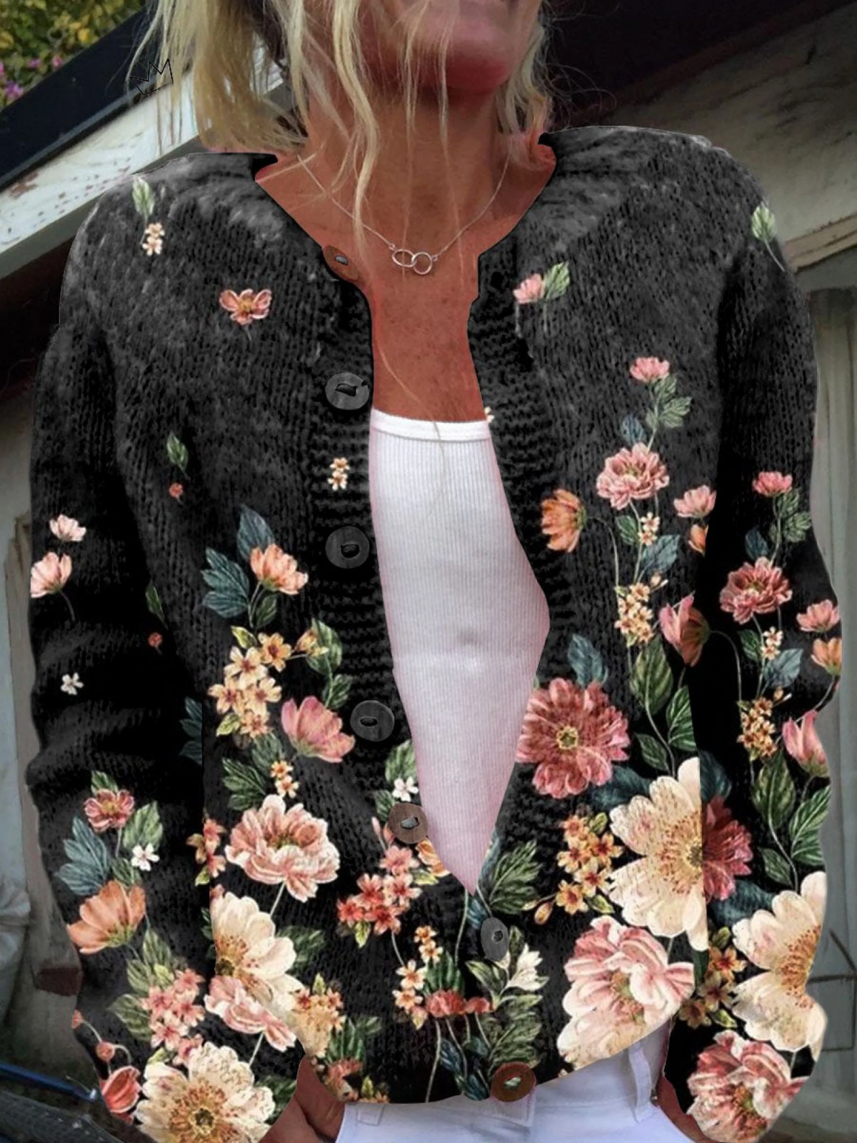 Anamartinezmadrid Filomena | Cárdigan Negro con Ramos de Flores Rosas y Melocotón