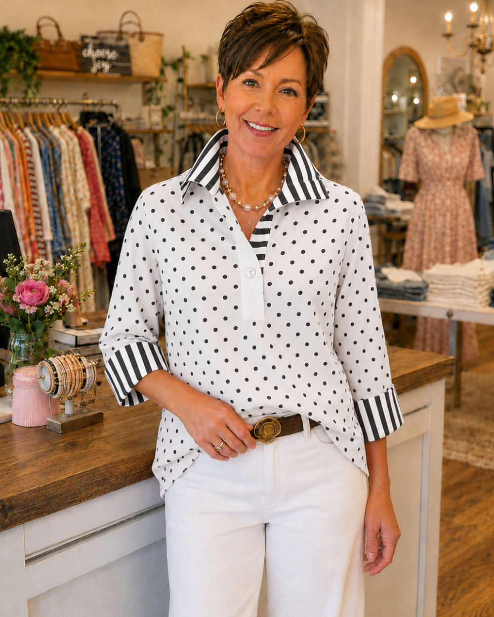 Anamartinezmadrid Pepa | Blusa de Lunares con Cuello y Puños de Rayas – Blanco – photo 2