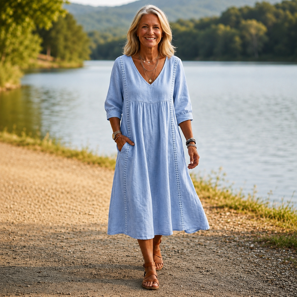 Anamartinezmadrid Valeria | Vestido Midi de Lino con Manga Tres Cuartos – Azul Cielo
