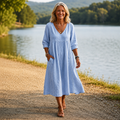 Anamartinezmadrid Valeria | Vestido Midi de Lino con Manga Tres Cuartos – Azul Cielo