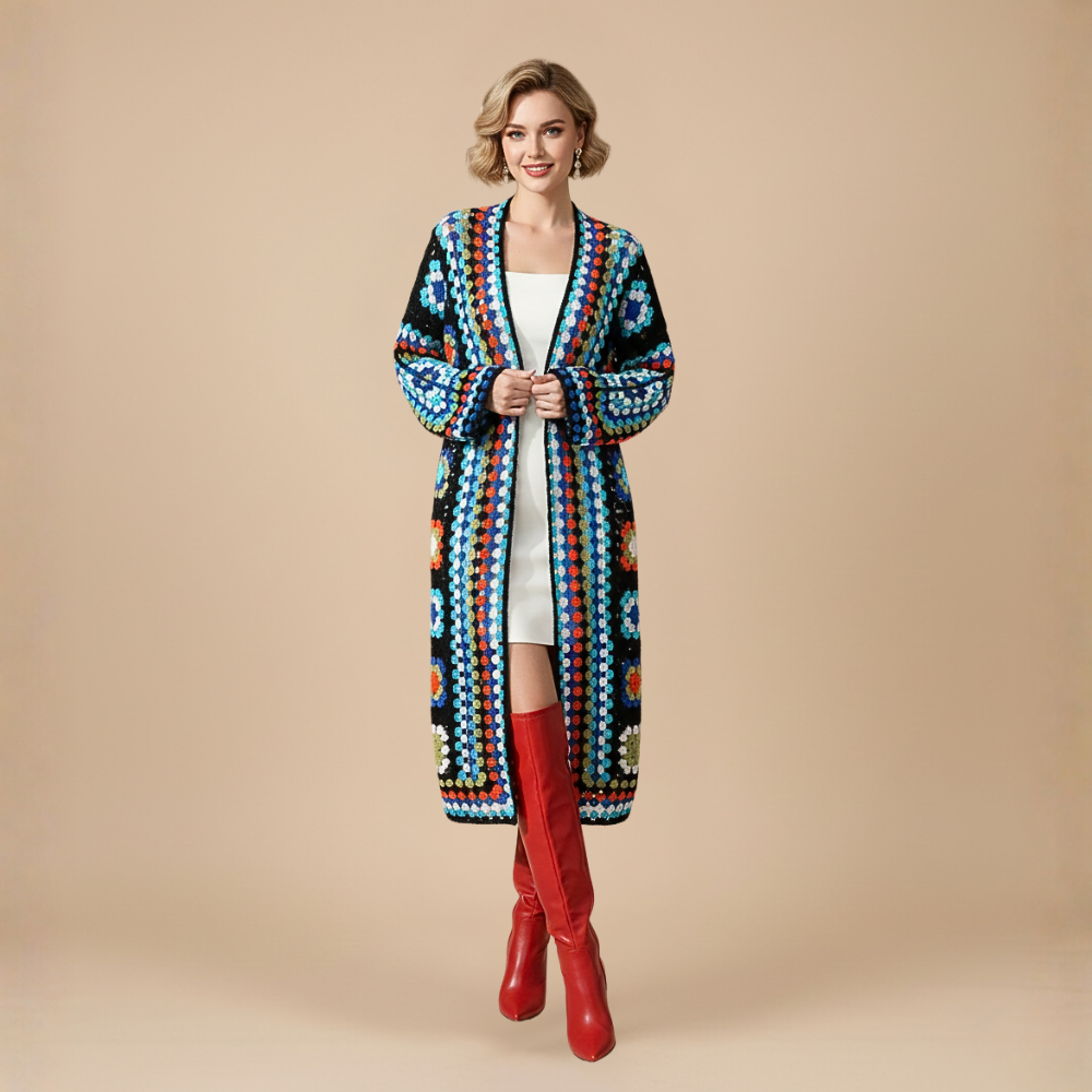 Anamartinezmadrid Melania | Cárdigan Largo de Punto Bohemio Estilo Ganchillo – Azul – photo 3