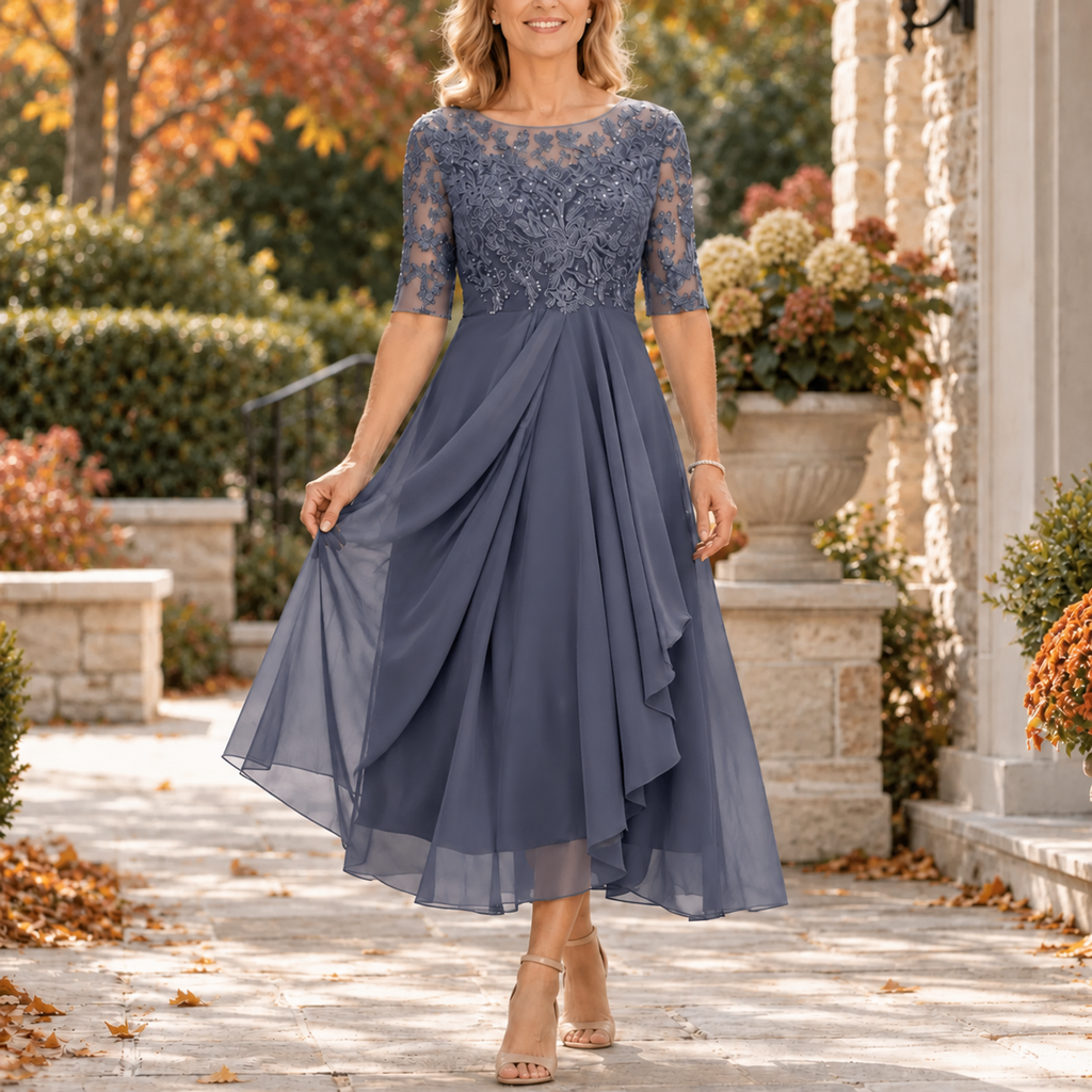 Anamartinezmadrid Inmaculada | Vestido Midi de Encaje con Falda Drapeada en Capas – Morado – photo 3