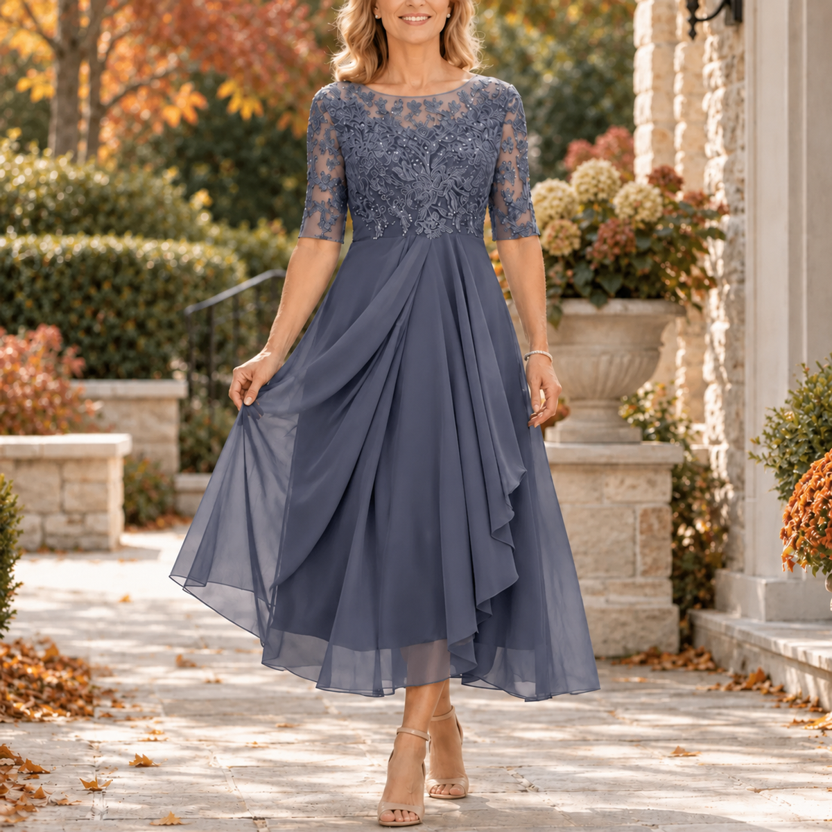 Anamartinezmadrid Inmaculada | Vestido Midi de Encaje con Falda Drapeada en Capas – Morado – photo 3