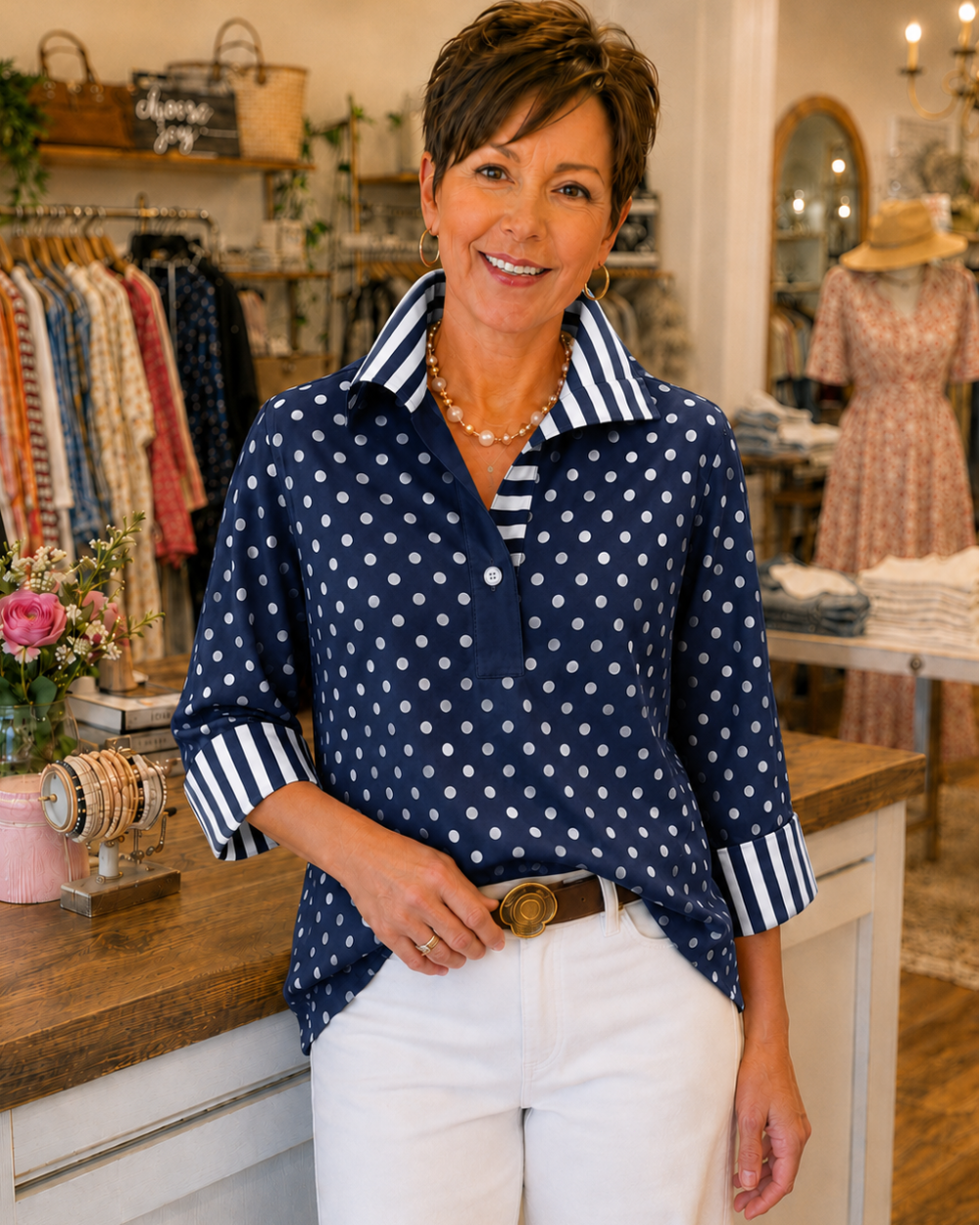 Anamartinezmadrid Pepa | Blusa de Lunares con Cuello y Puños de Rayas – Azul Marino – photo 4